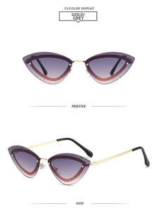 Cat eye sunglasses with gold metal frame and gradient lenses in front and side views