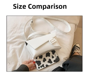 White faux leather waist bag with square buckle and phone for size comparison
