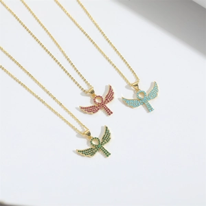 Minimalist hip hop angel wings cross necklace with colorful cubic zirconia in gold