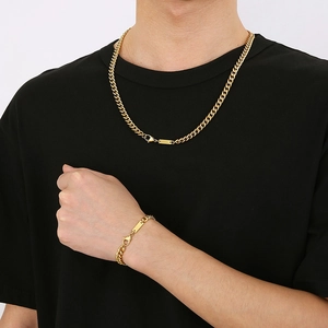 Men's golden stainless steel Cuban chain necklace and bracelet set with square pendant