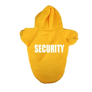 Detail of yellow pet hoodie featuring bold white Security print on back with knitted texture