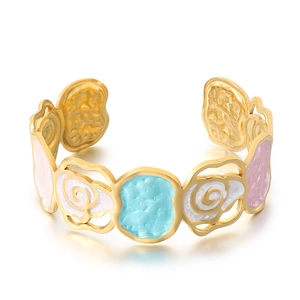 Golden titanium steel open bracelet with colorful enamel floral hollow patterns
