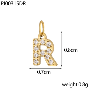 Detailed view of gold letter R pendant with dimensions 0.8cm height and 0.7cm width
