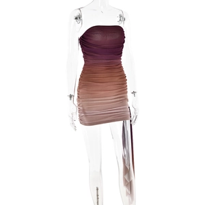 Detail of purple-brown gradient mesh dress with ruched design and elegant side ribbons