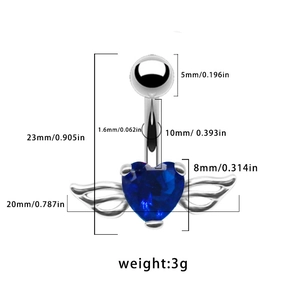 Tableau des tailles d'un piercing nombril avec ailes et pierre en forme de cœur bleu