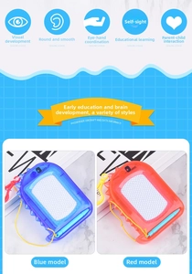 Macro detail of mini magnetic drawing board featuring colorful rounded frame and stylus pen