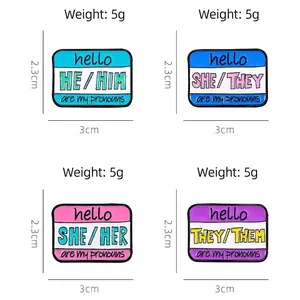 Cartoon enamel pronoun pins with HE HIM and SHE HER text for clothing decoration