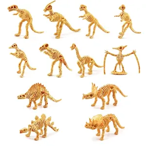 Size chart showing 12 mini dinosaur skeleton models with precise measurements