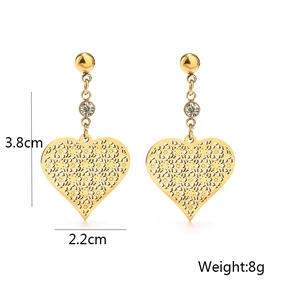 Detail view of gold hollow heart earrings showing dimensions 3.8cm length and 8g weight