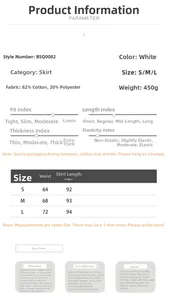 Detailed size chart for solid color cotton blend maxi skirt in white with measurements