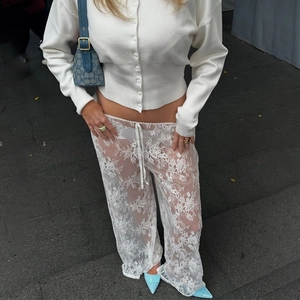Women Lace See-Through High Waisted Straight Leg Pants Sheer Floral Beach Cover Up Loose Casual Streetwear