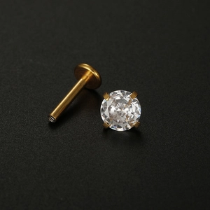 Golden titanium steel labret stud with sparkling round zircon and flat back base