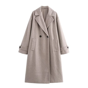 Detailed view of the lapel and double-breasted buttons on this wool coat for women