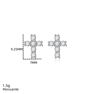 Detailed view of S925 silver cross moissanite earrings with dimensions and weight specs