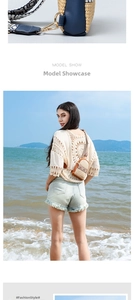 Detail of woven straw crossbody phone bag with bohemian strap and seaside model view
