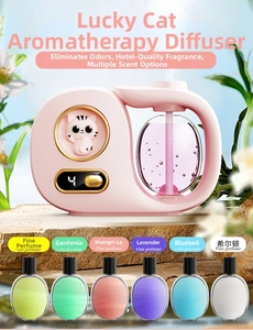 Detail of pink lucky cat aroma diffuser with LED display and six essential oil scents
