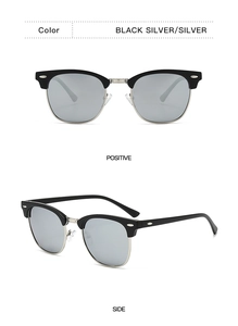 Detail view of vintage browline sunglasses with black silver frames and polarized lenses