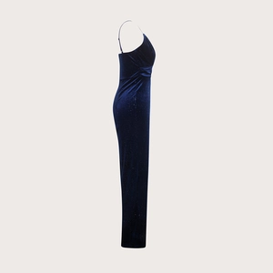 Detail of dark blue velvet fabric with sparkly glitter texture on a slim jumpsuit