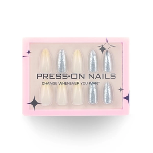 Silver glitter gradient press-on nails in almond shape with pink window gift box