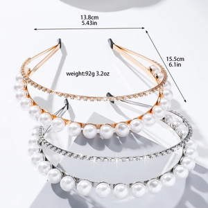 Double-layer pearl and rhinestone headbands in gold and silver finish with dimensions