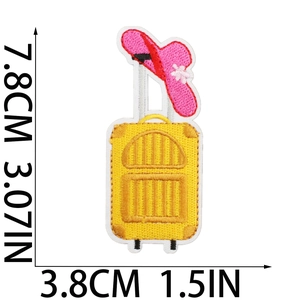 Detail view of suitcase and sunhat embroidery patch with precise size measurements