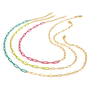 Three colorful 18k gold plated stainless steel paperclip chain necklaces in vibrant colors
