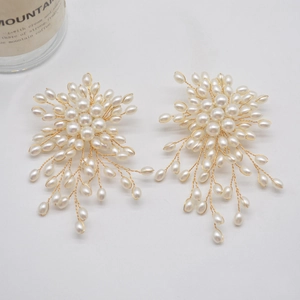 Elegant flower pearl tassel earrings with gold wire handmade floral luxury design