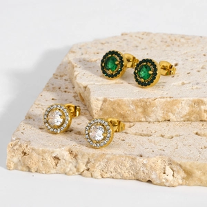 Elegant gold titanium steel studs with round green emerald and clear cubic zirconia