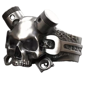 Mechanical punk skull ring featuring wrenches and pistons in silver-tone zinc alloy