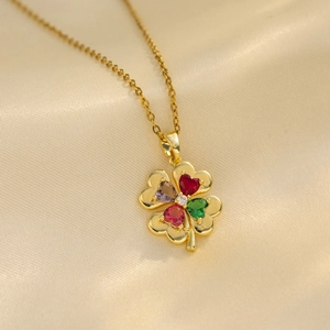 Titanium Steel Inlaid Zirconia Colorful Heart Four-leaf Clover Necklace Gold Plated Delicate Clavicle Chain Jewelry For Women Gift