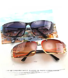 Detail of square hollow metal frame sunglasses with铆钉 accents and gradient lenses