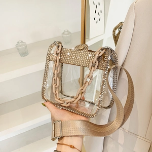 Fashion Transparent PVC Shoulder Bag Rhinestone Trimmed Small Square Crossbody With Chain Handle And Wide Strap