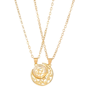 Magnetic sun and moon couple necklace set in gold with engraved Chinese characters