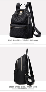 Detail of small black quilted backpack showing high-density nylon and gold metal zippers