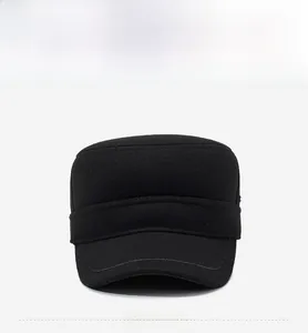 Front view of black flat top wool military cap with curved stitching on brim