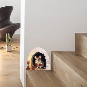 Creative 3D mouse hole wall sticker featuring a reading mouse and candle on baseboard