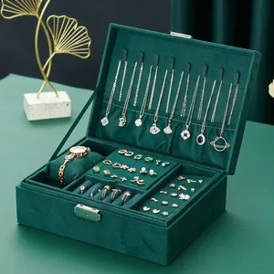 Vintage Velvet Jewelry Box Large Capacity Double Layer Storage Organizer Case For Necklace Ring Watch With Metal Clasp Women Gift