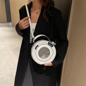 Unique white washing machine style round handbag with transparent window and top handle