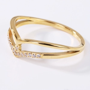 Fashionable golden double-layer V-shaped ring with pavé white zircon stones