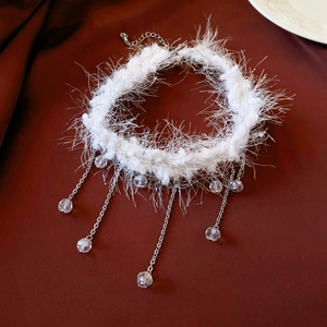 Plush white choker necklace with silver chain tassels and crystal pendant beads