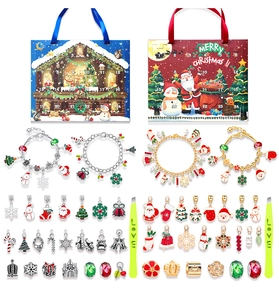 Detailed Christmas advent calendar set with 24 festive charms and gold DIY bracelets