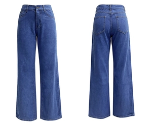 Vue détaillée avant et arrière d'un jean bleu foncé taille haute à jambes larges
