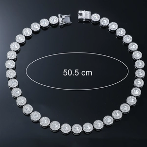 Men's hip-hop silver iced-out chain with round crystals and pave halo, length 50.5 cm