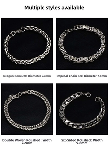 Detail view of four stainless steel chain styles: Byzantine, Dragon, and Curb weave textures