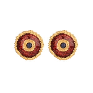Vintage gold stud earrings with red enamel flower and blue gemstone on white background