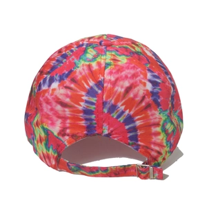Detail view of cotton tie-dye baseball cap back with adjustable metal buckle strap