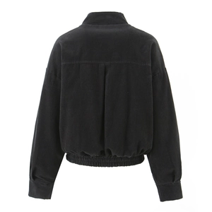 Back view of a black corduroy jacket with a stand collar and elastic waist hem