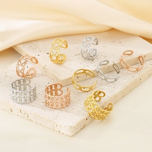 Stainless Steel Ring Hollow Out Heart Chain Pattern Geometric Vintage Adjustable Open Finger Jewelry For Women