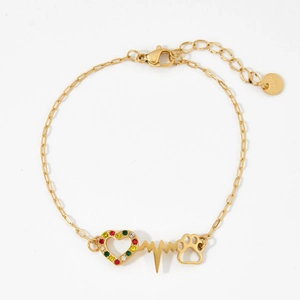 Bracciale in acciaio dorato con cuore in cristallo multicolore e zampa di cane