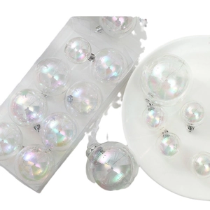 Iridescent Christmas tree ball ornaments in a clear storage box for holiday DIY decor